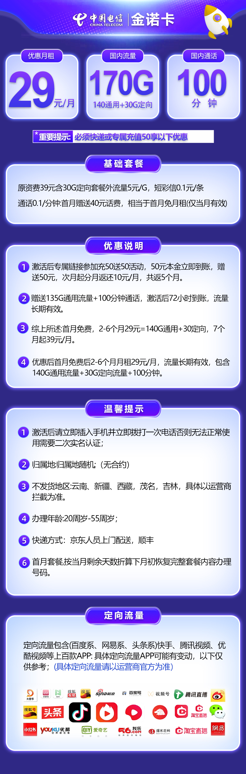 『電信金諾卡』29元流量卡170G流量+100分鐘通話