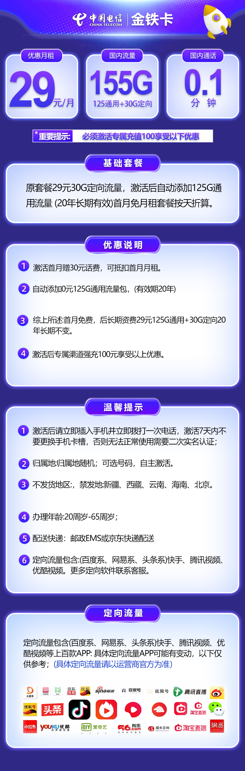 『電信金鐵卡』29元流量卡155G流量【20年優(yōu)惠套餐】